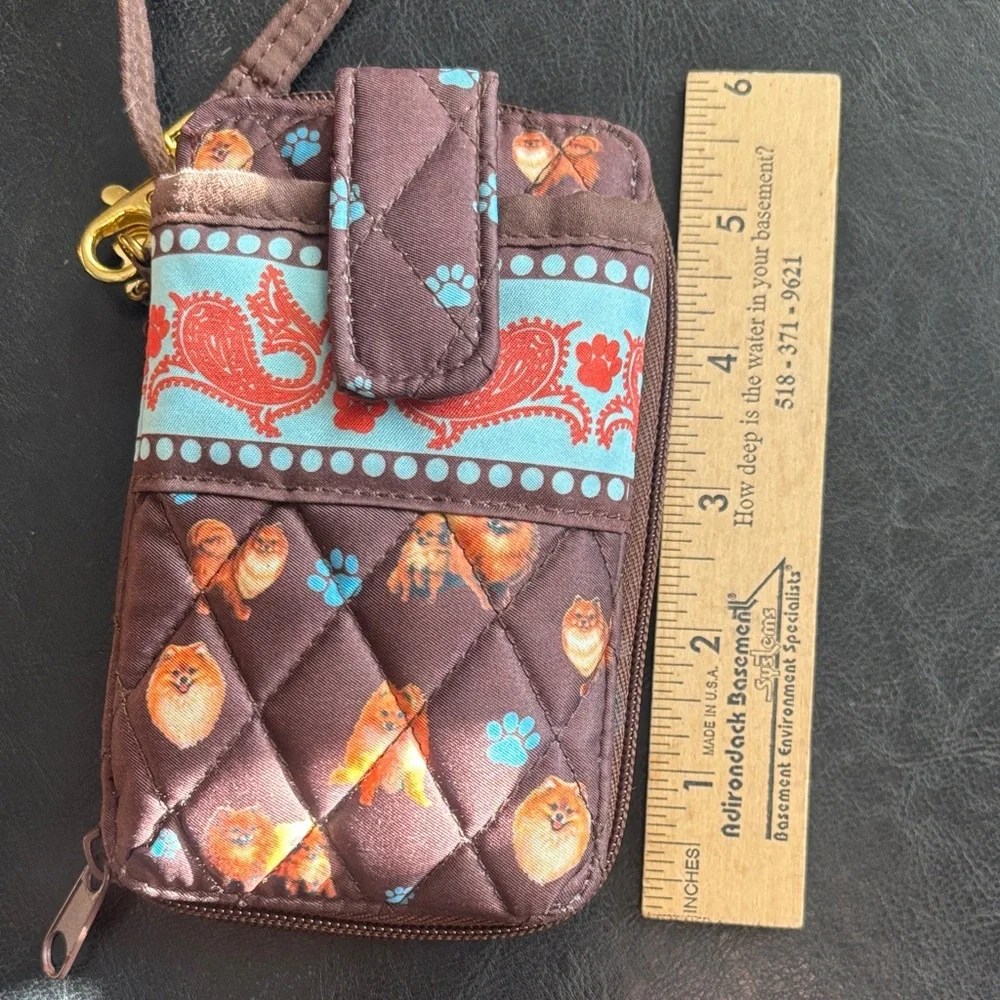 Brown Quilted Phone Pouch /wallet with Dog Print and Pomeranian dog charm